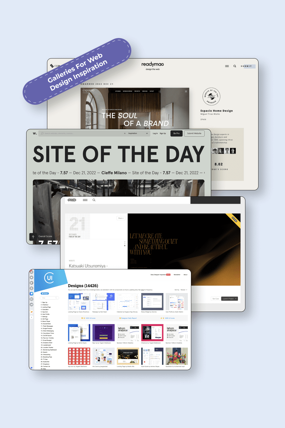 Collage with screenshots of the websites with design ideas.