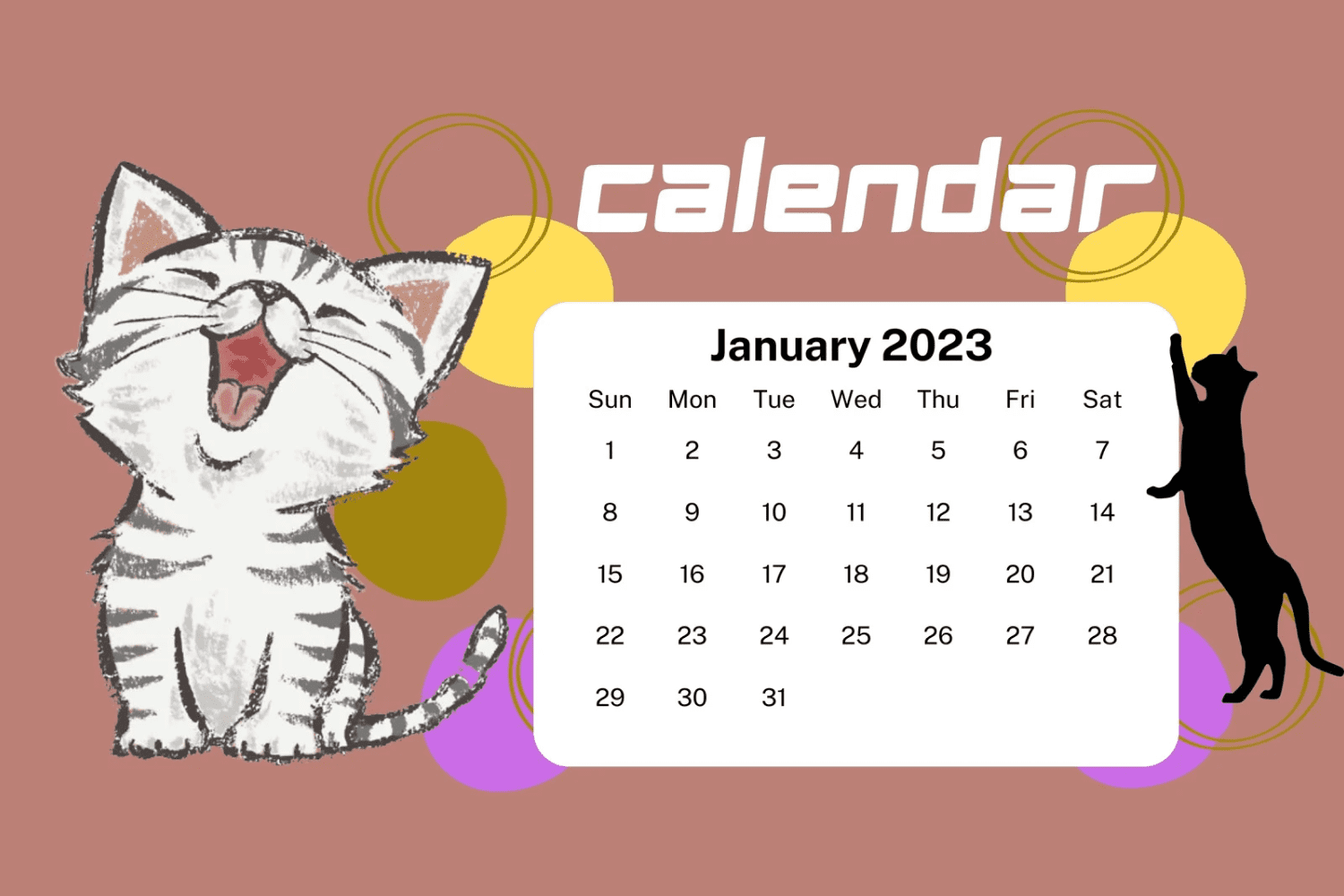 January calendar in a soft red color palette with cats and plenty of space.
