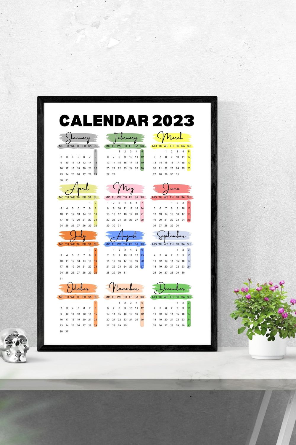 Simple calendar with colorful months.