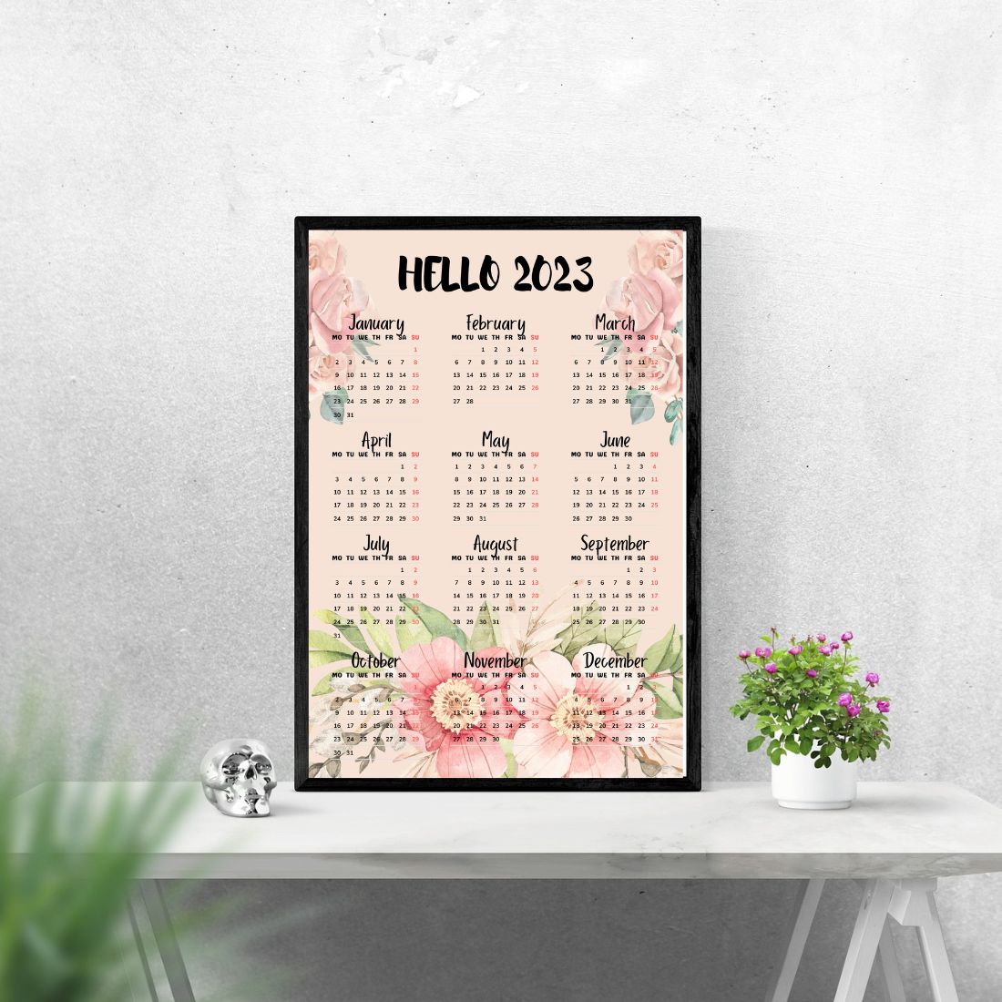 2023 Pink Floral Wall Calendar main cover.