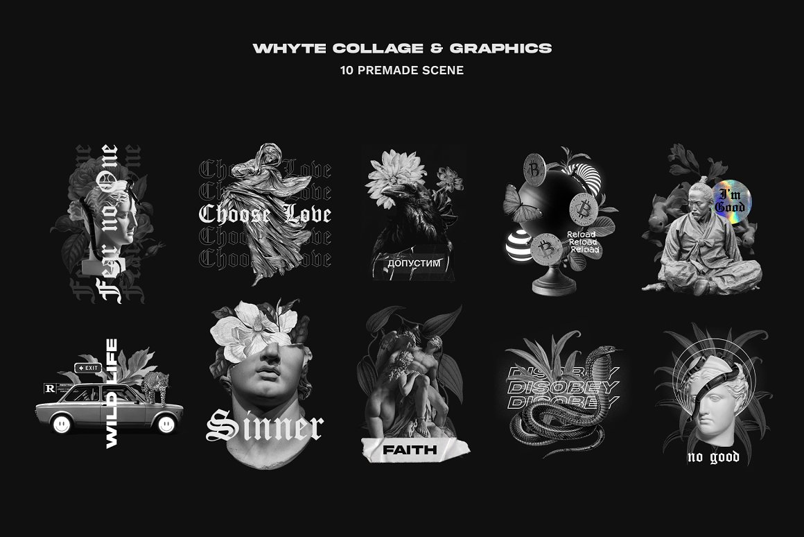 10 different white pre-made scenes on a black background.