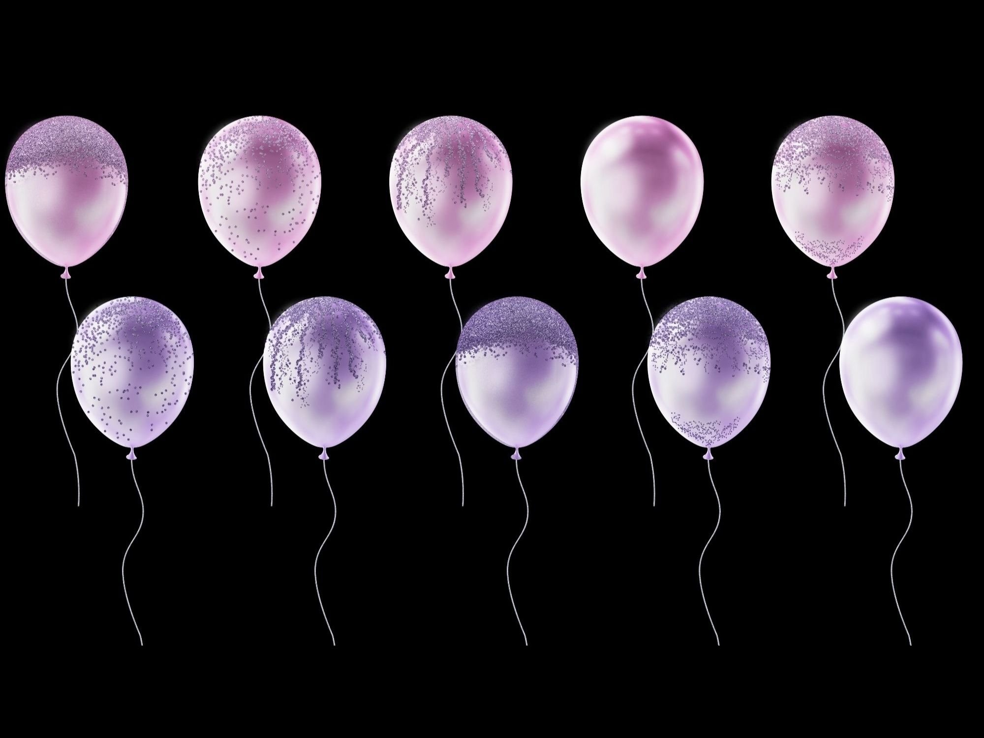 Black background with purple and lilac balloons.