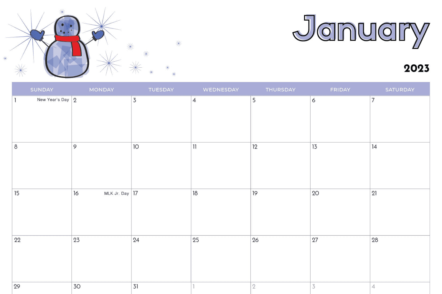 Calendar for January in a minimalist style with a drawn snowman.