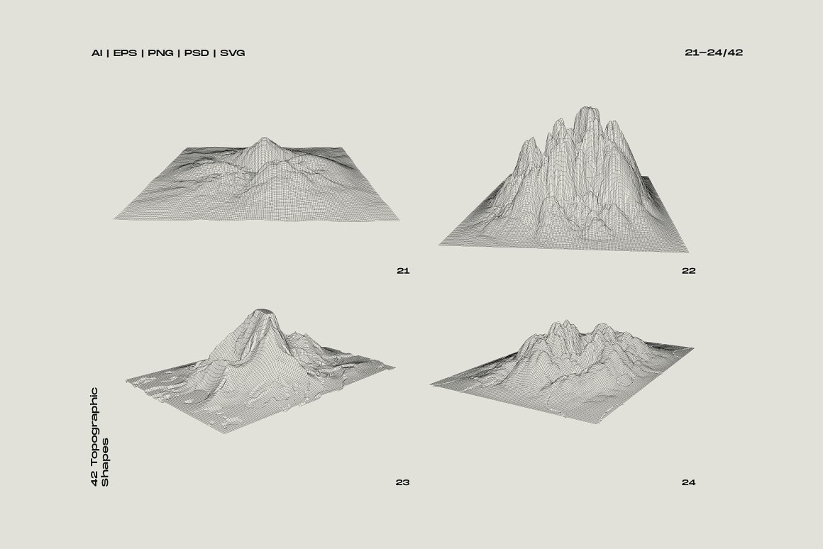 An example of 4 different 3d gray topographic shapes on a gray background.