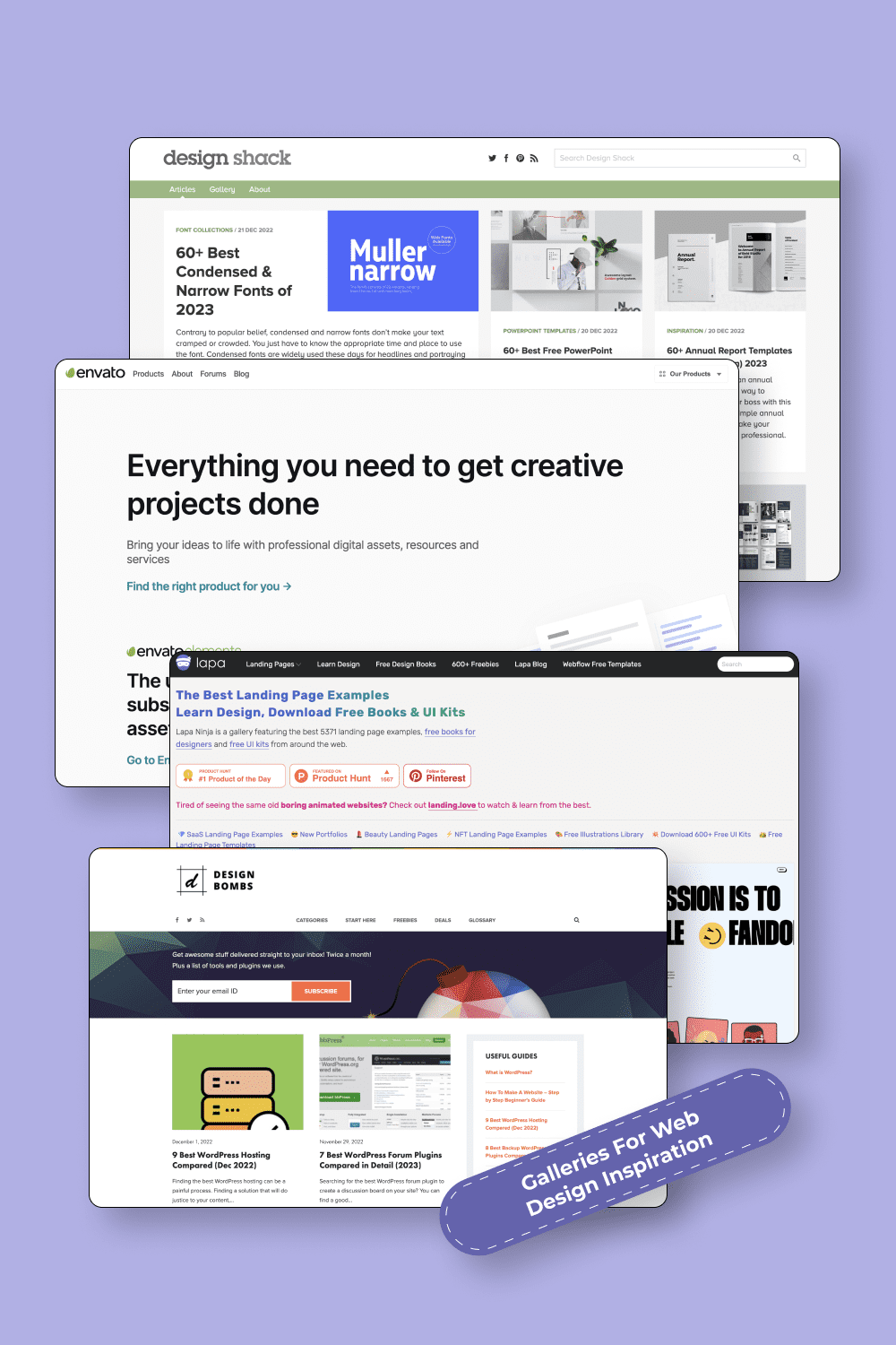 Collage with screenshots of the websites with design creatives.