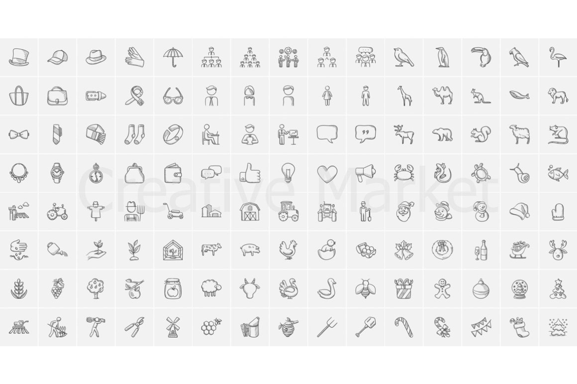 Sketch doodle icons pack on a gray background.