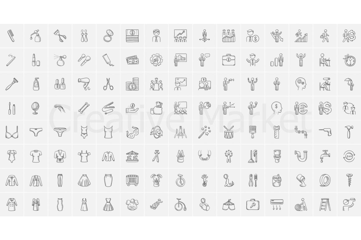 Line collection of different sketch icons on a gray background.