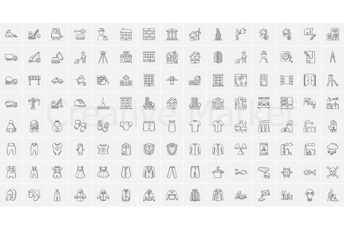 Sketch pack of 120 different icons on a gray background.