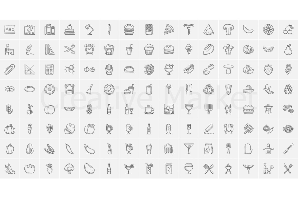 Vector set of 120 different sketch icons on a gray background.