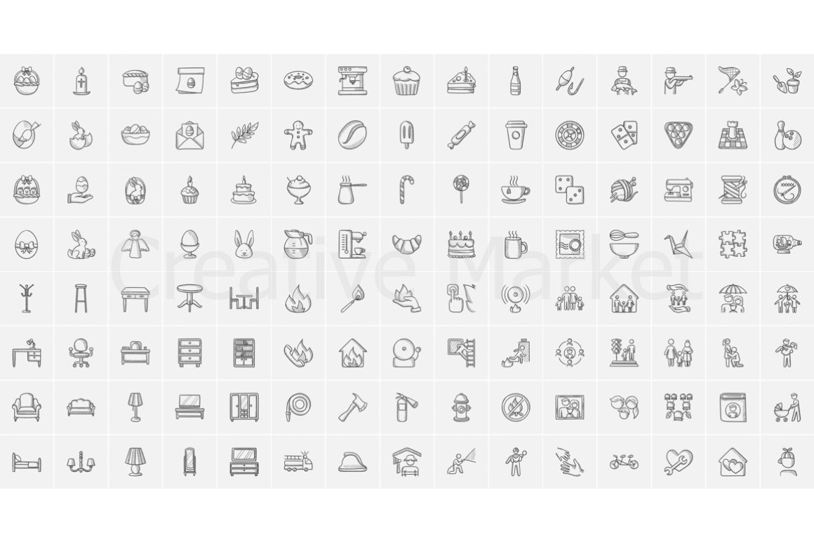 Graphic kit of sketch dark gray icons on a gray background.