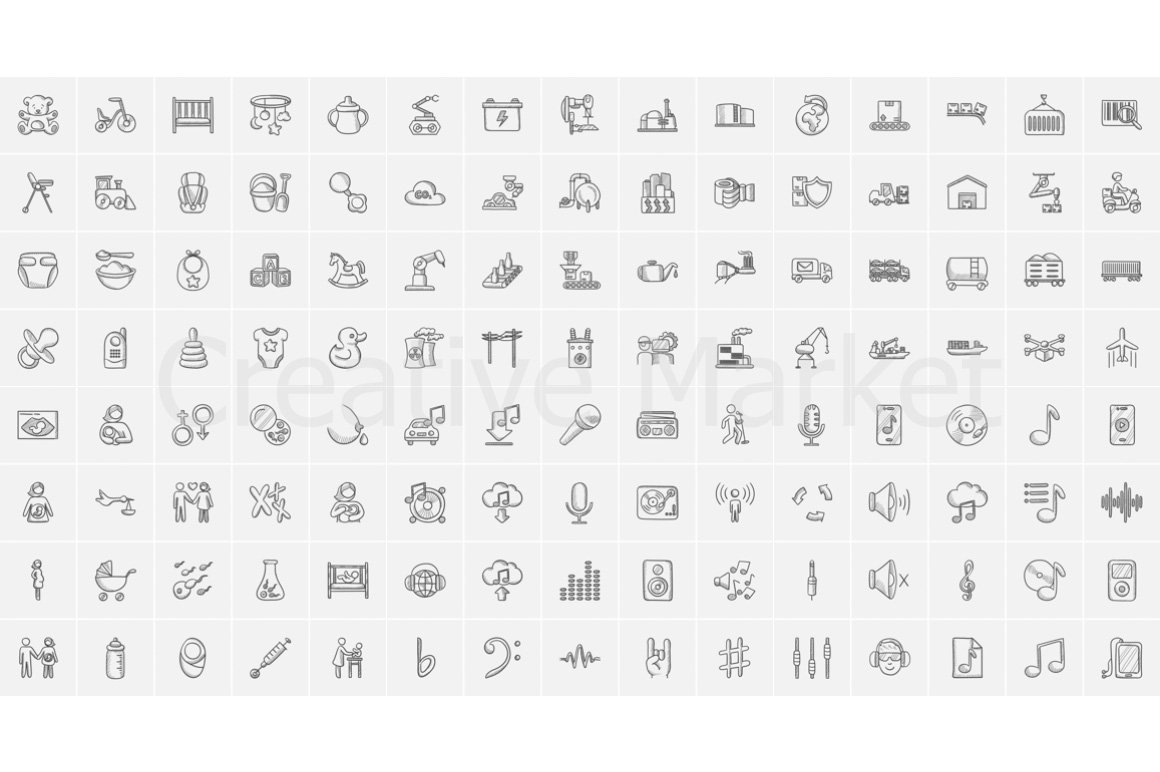 Huge clipart of different dark gray icons on a gray background.