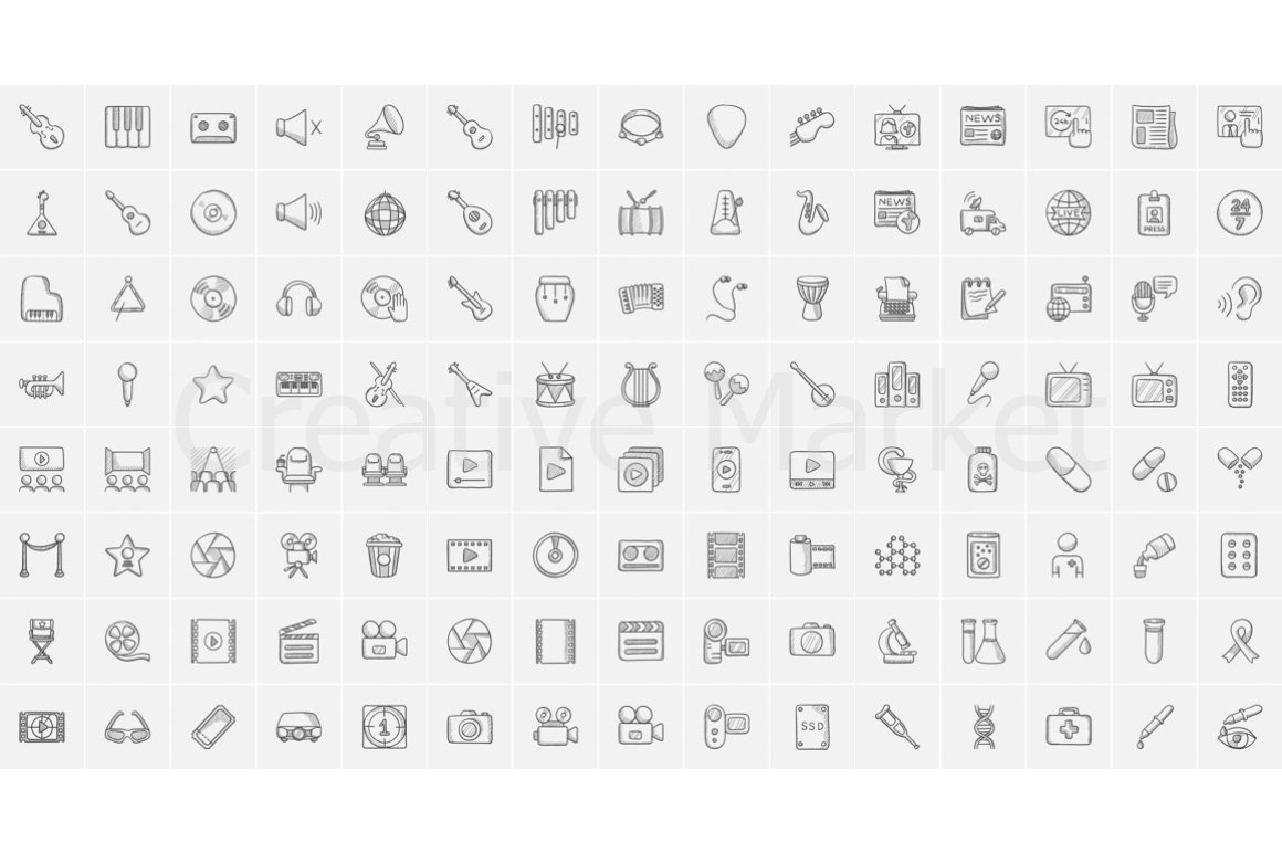 Big collection of 120 sketch icons on a gray background.