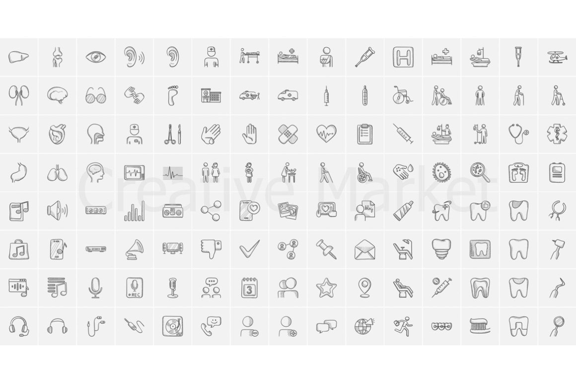 Pack of different sketch icons on a gray background.