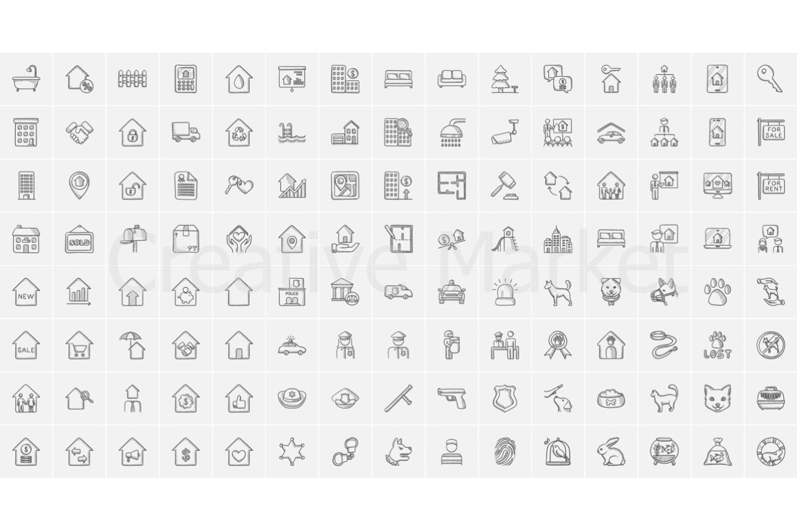 Bundle of 120 dark gray icons on a gray background.