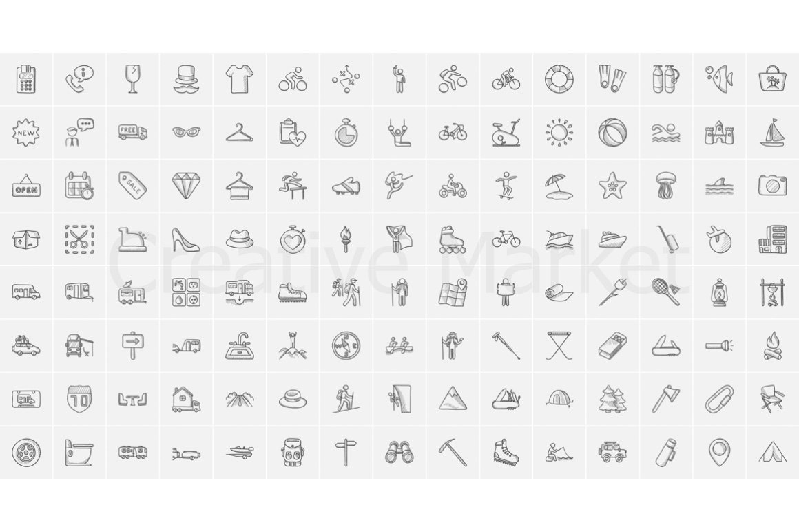 120 different dark gray sketch icons on a gray background.