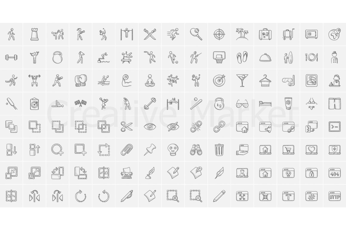 Big kit of 120 different sketch icons on a gray background.