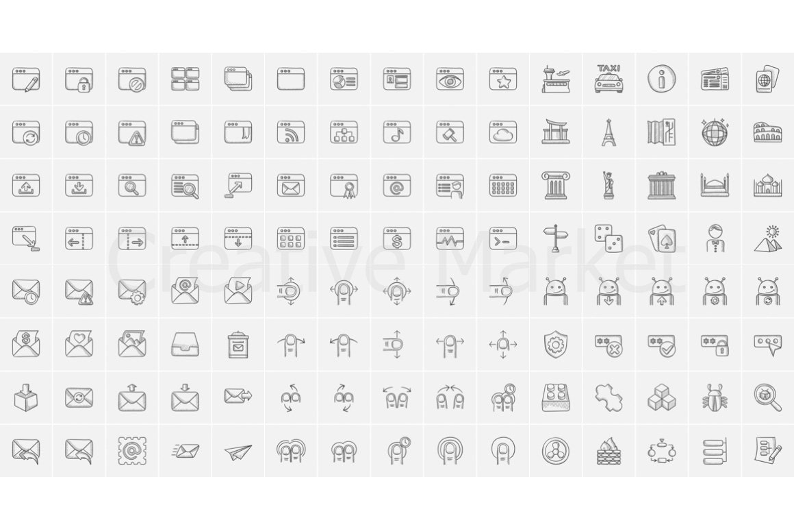 Dark gray pack of different sketch icons on a gray background.