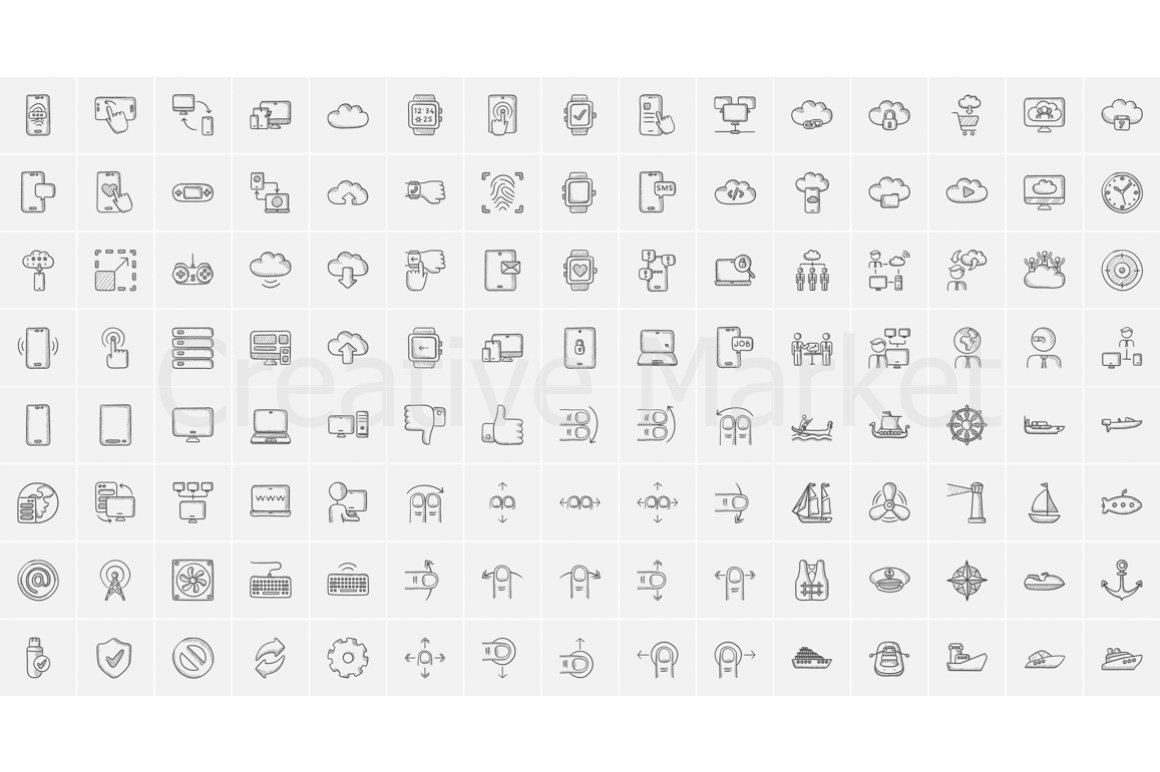 Clipart of different dark gray icons on a gray background.