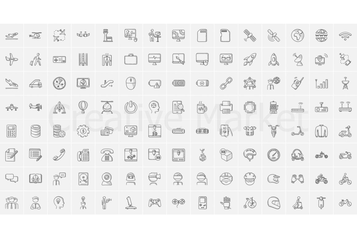 Collection of dark gray sketch icons on a gray background.