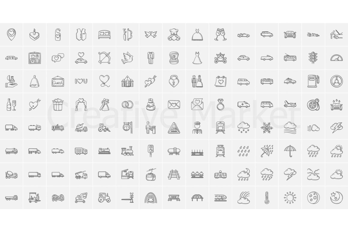 A set of different sketch icons on a gray background.