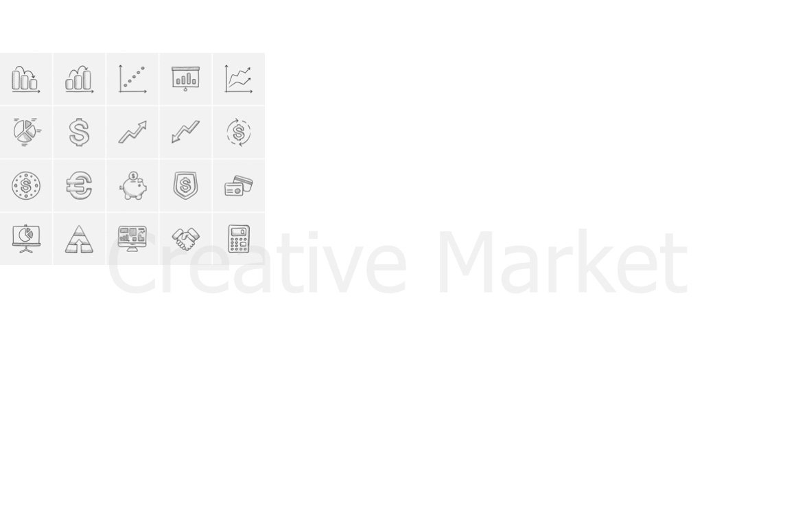 20 different sketch icons on a gray background.