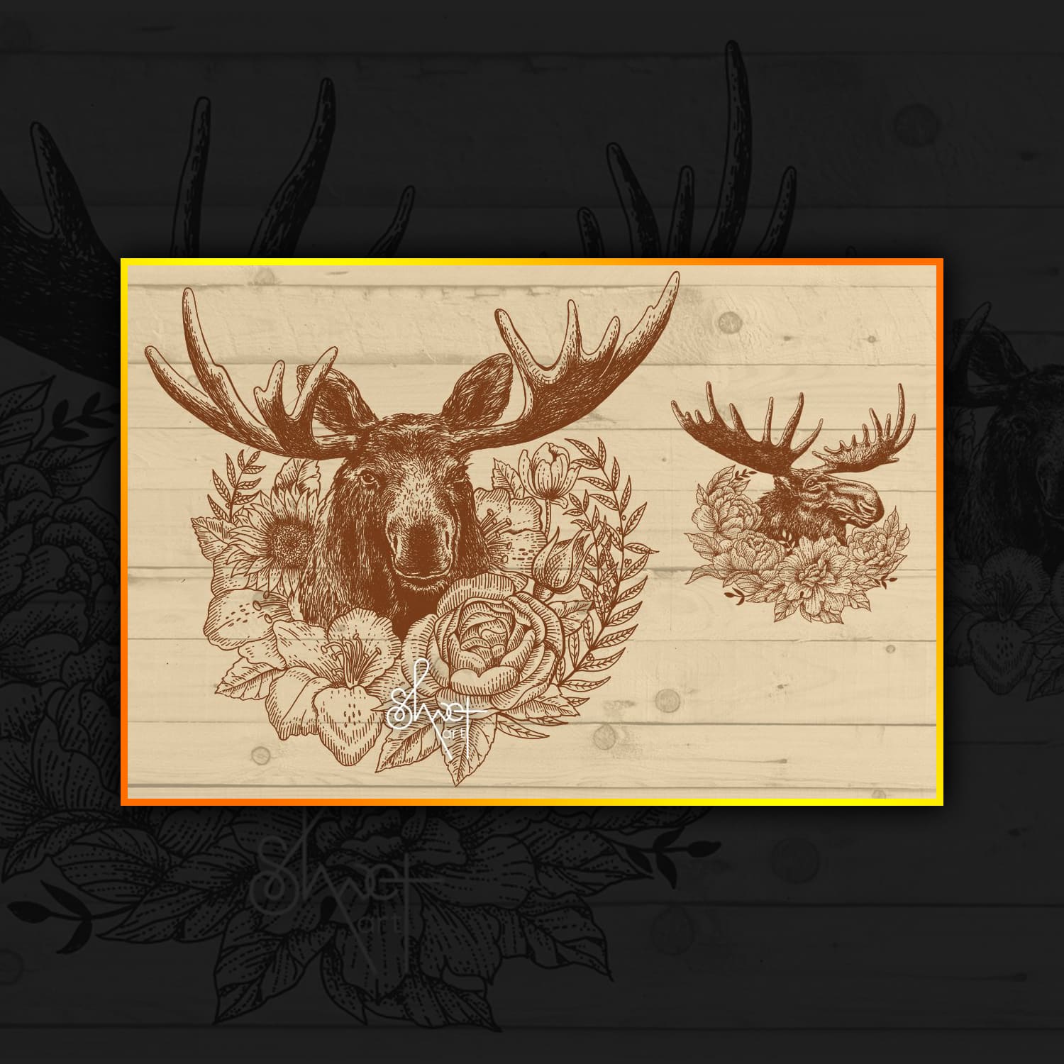 Moose illustration with wreath cover.