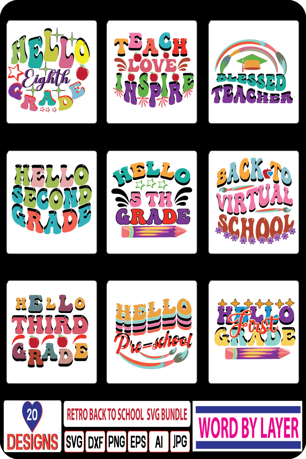 A selection of bright images for prints on the theme of returning to school.