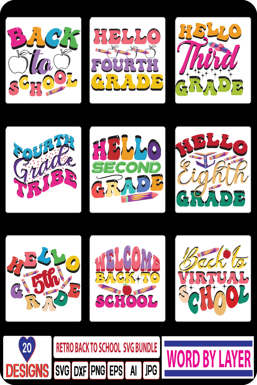 Collection of colorful images for prints on the theme back to school.