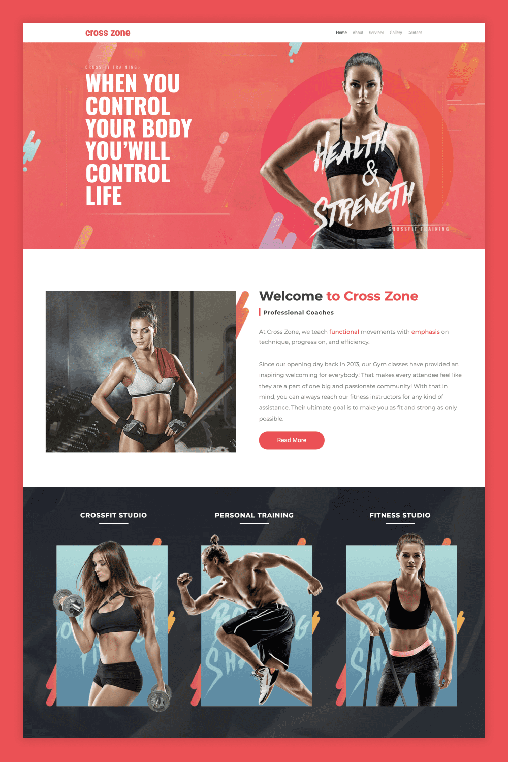 Screenshot of the main page of the site with pink, white and black blocks with a photo of fitness trainers.