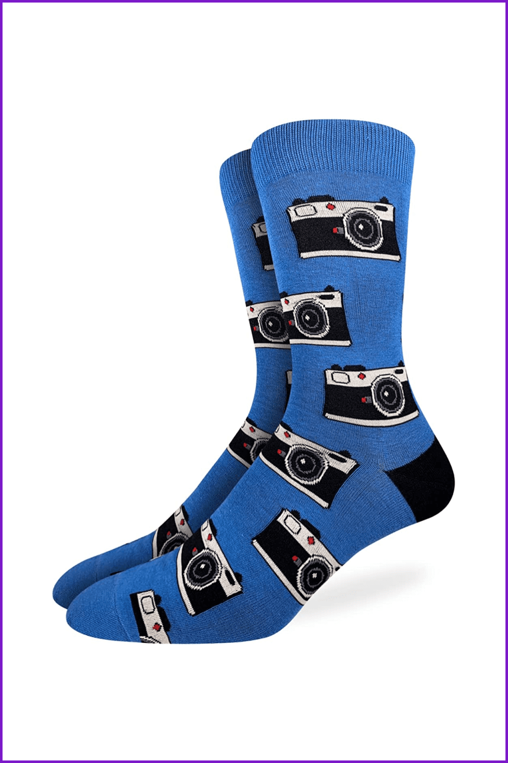 Photo of blue socks depicting cameras on them.