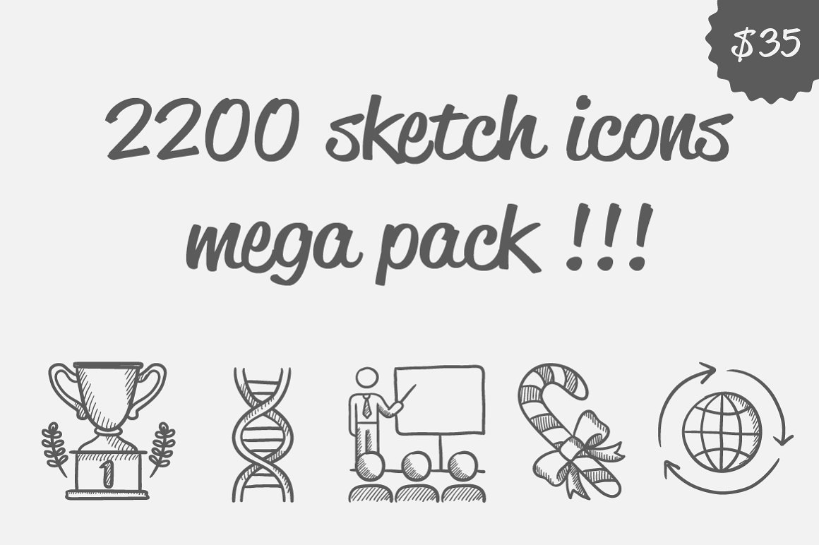 Dark gray lettering "2200 Sketch Icons Mega Pack !!!" and 5 different dark gray icons on a gray background.