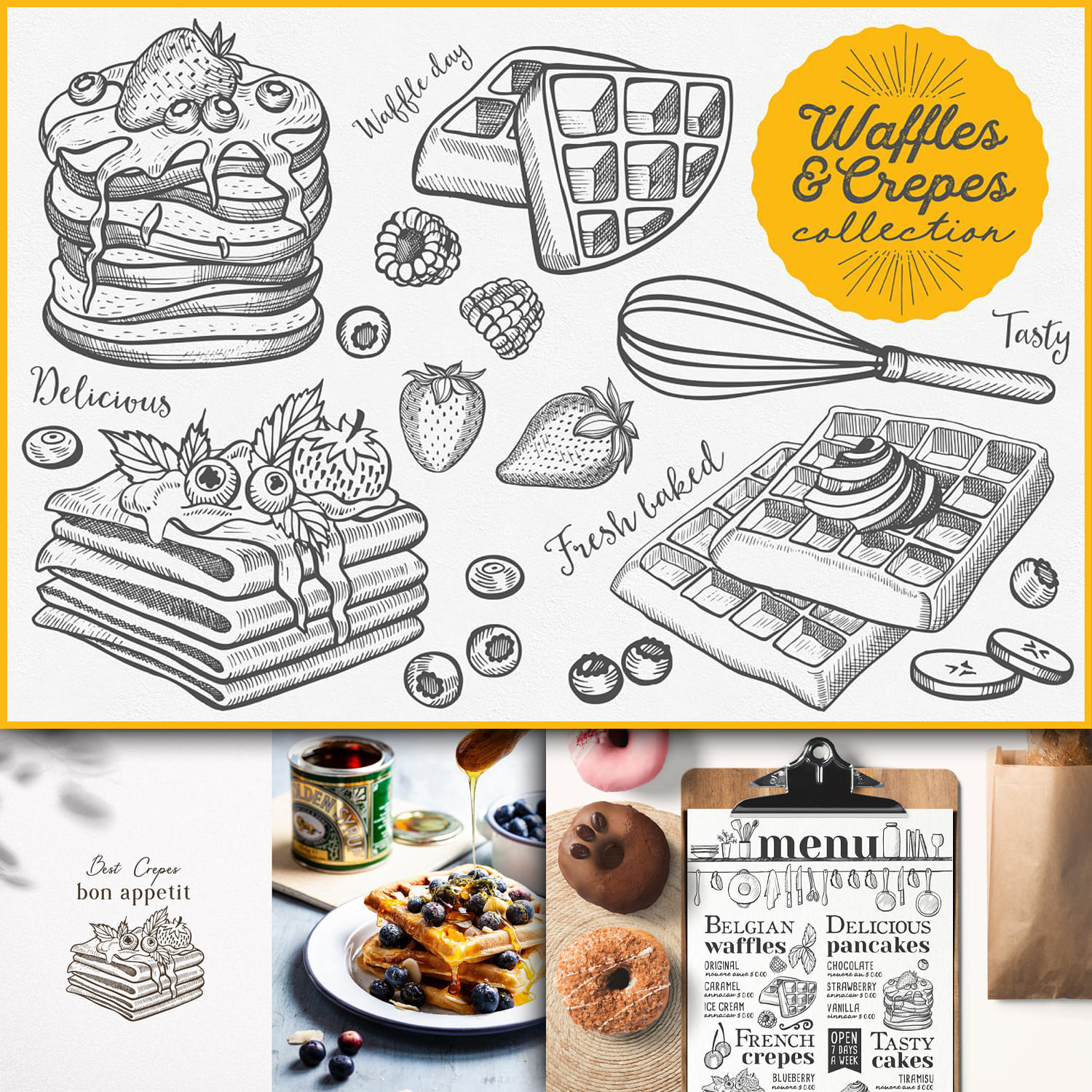 Waffles & Crepes hand-drawn graphic cover.