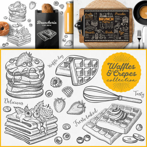 Waffles & Crepes hand-drawn graphic.