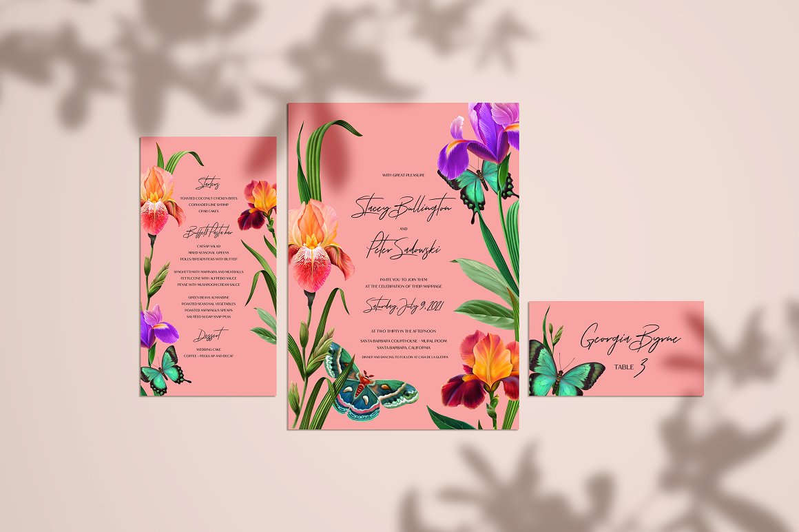 A set of 3 different pink cards with black lettering and illustrations of flowers and butterflies on a gray background.