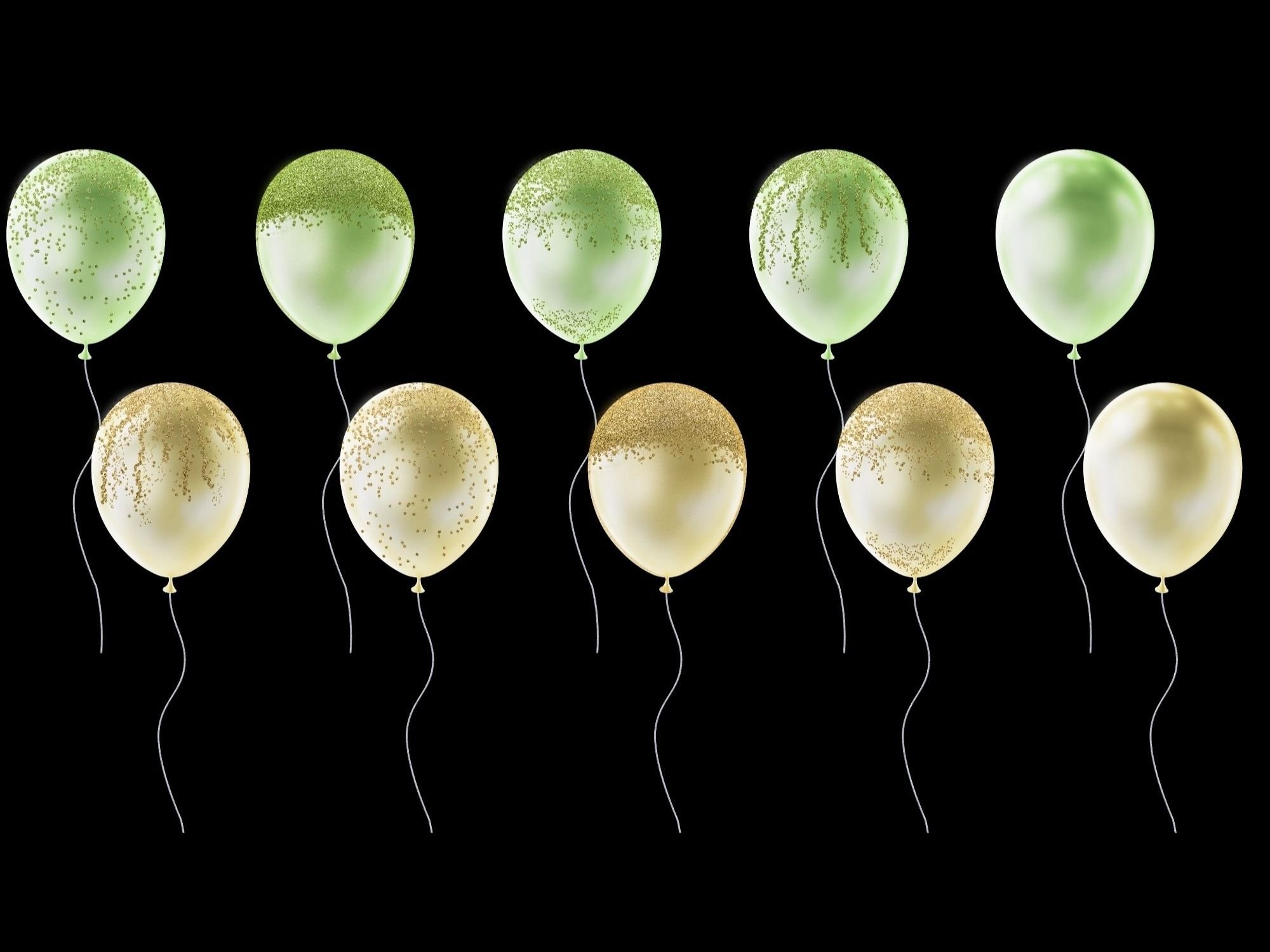 Black background with green and yellow balloons.