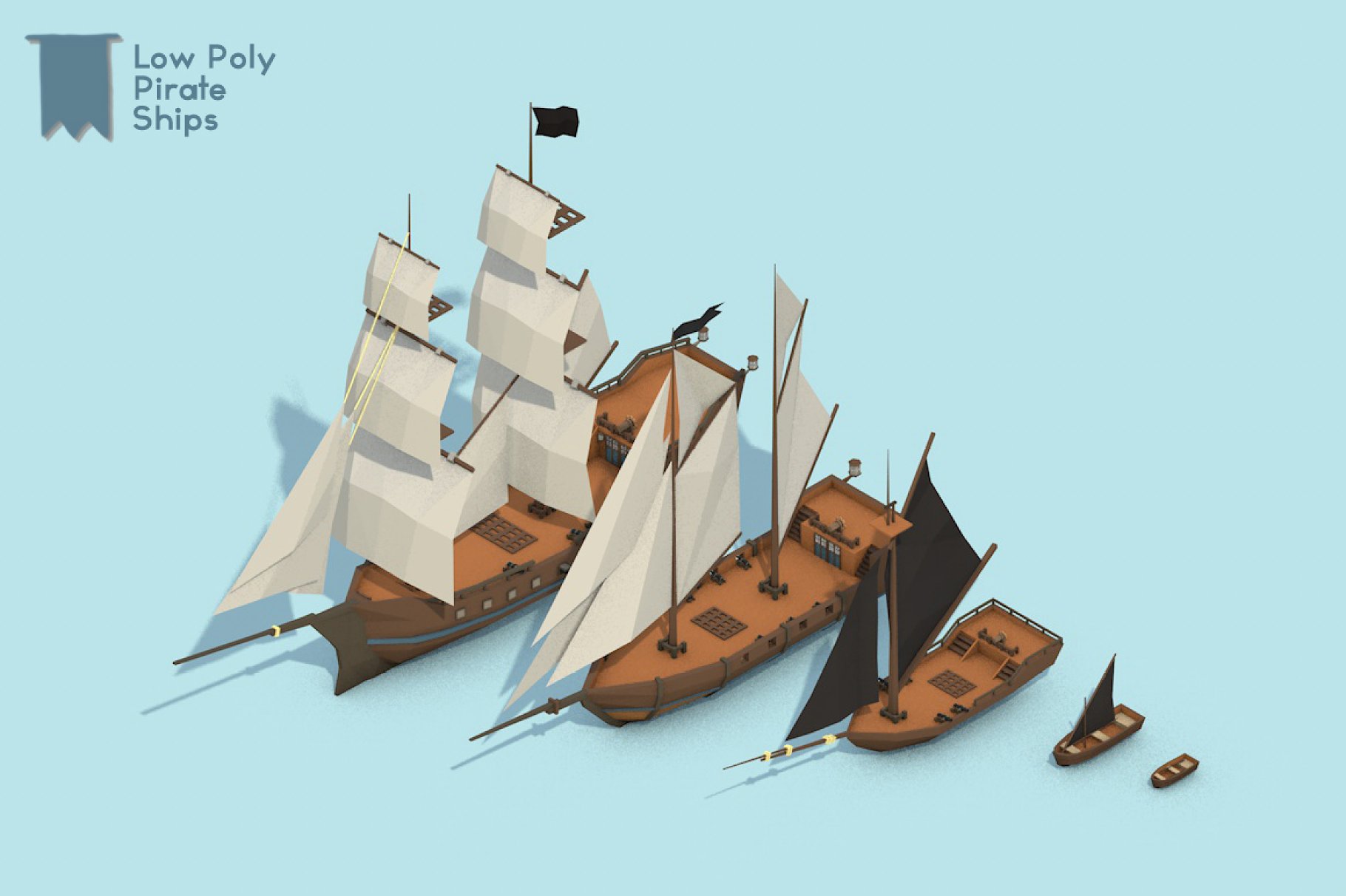 Illustration of low poly pirate ships on a light blue background.