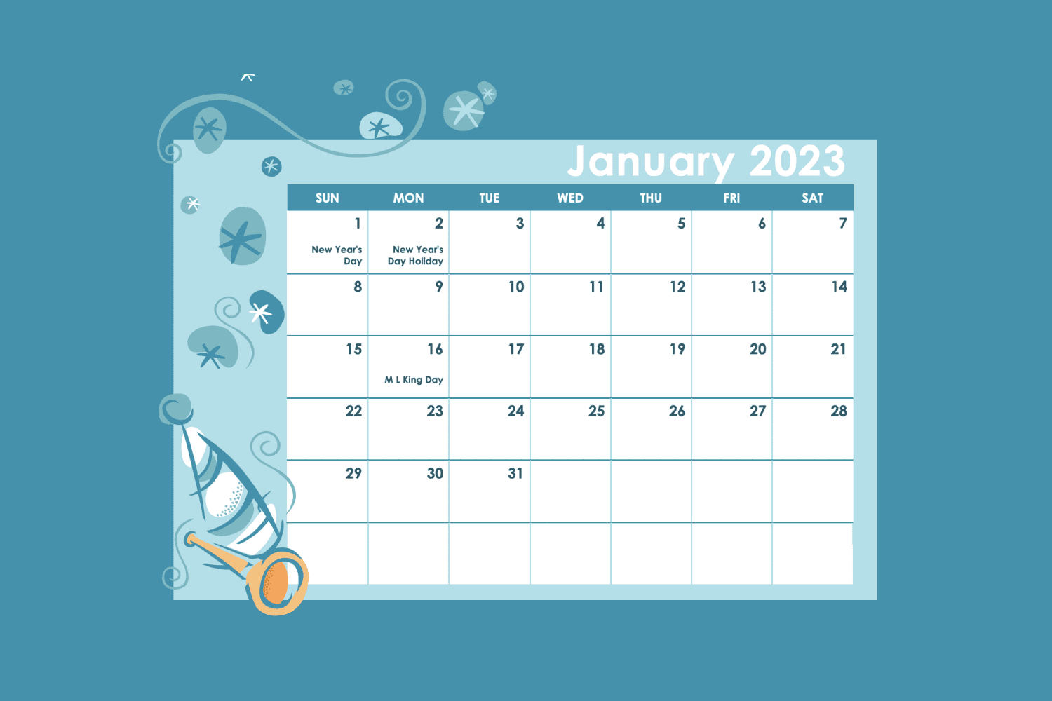 January calendar with abstract drawings and blue and white background.