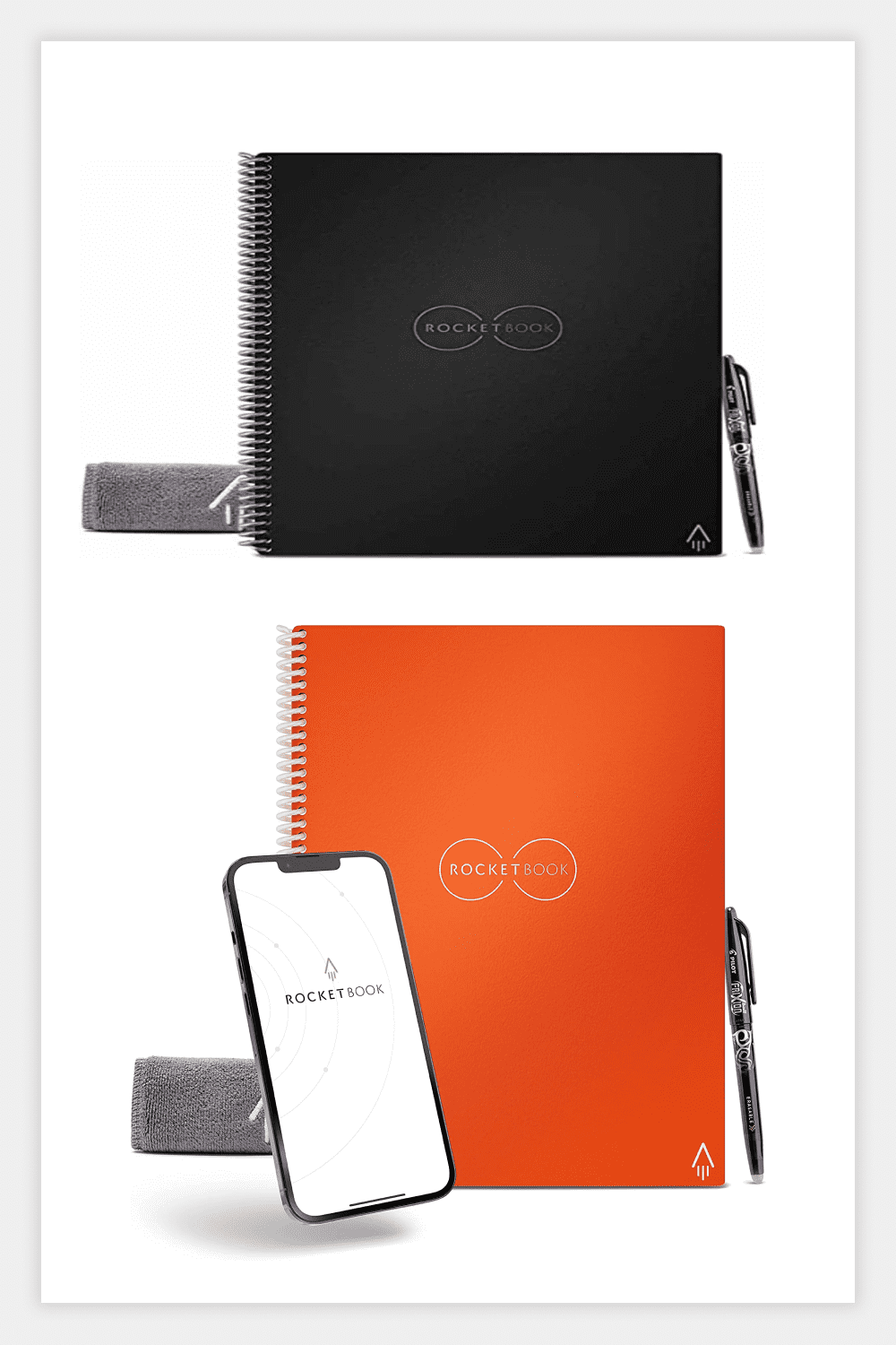Collage with Rocketbook Smart Reusable Notebooks.