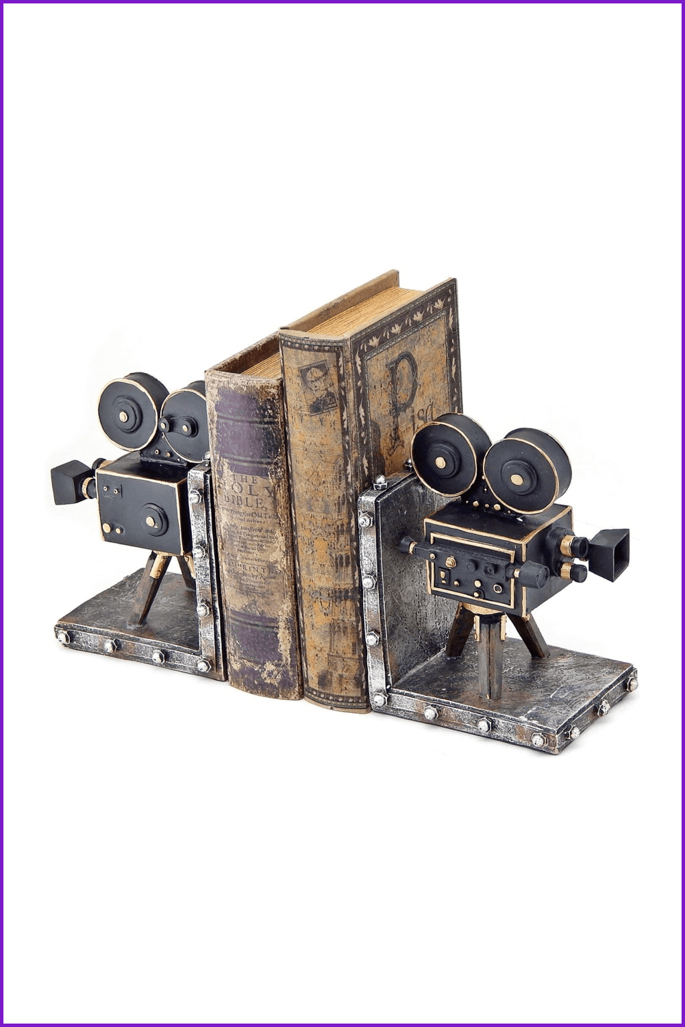 Book stands in the form of ancient film projectors.
