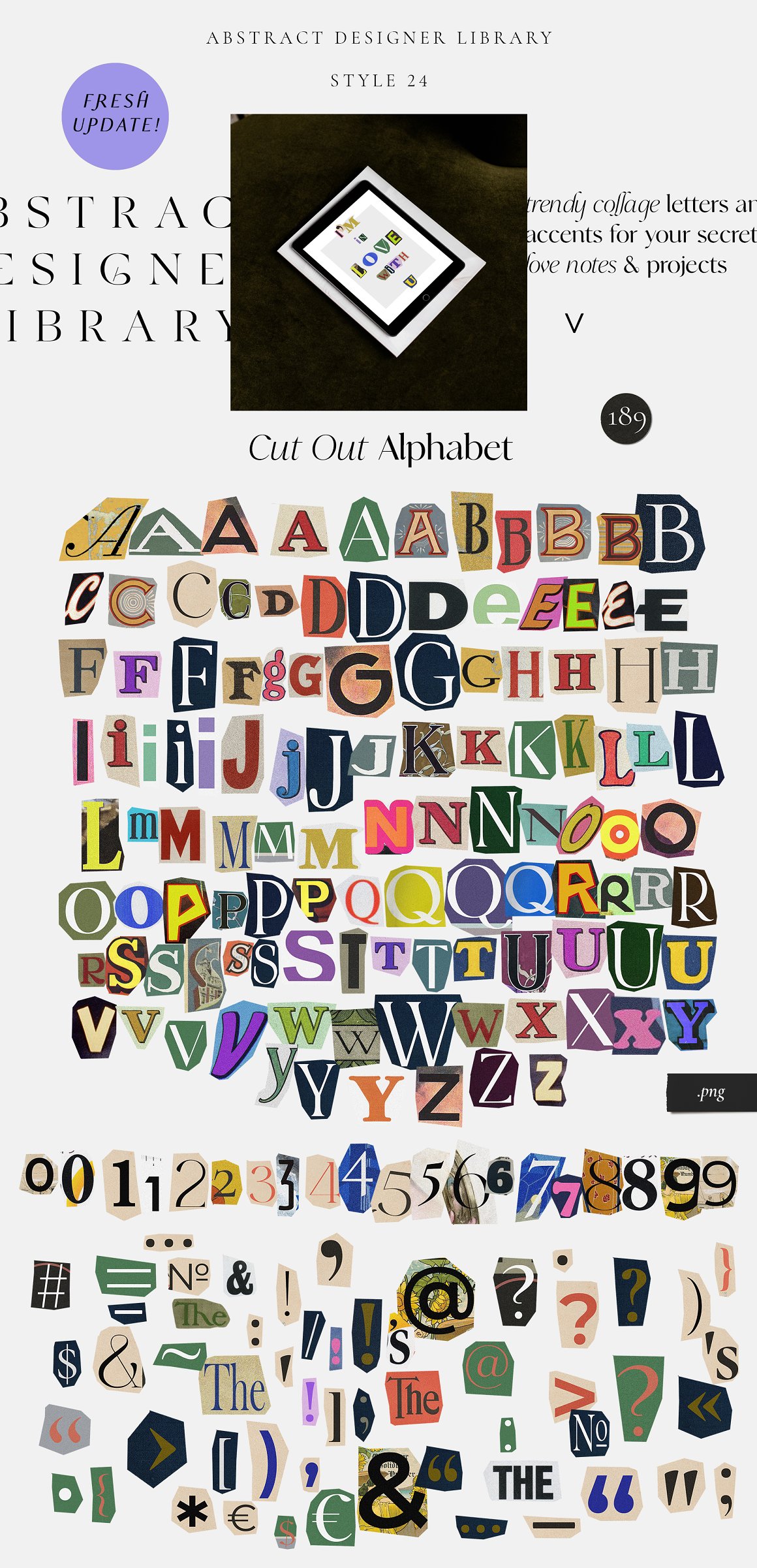 Kit of different cut out alphabet on a gray background.
