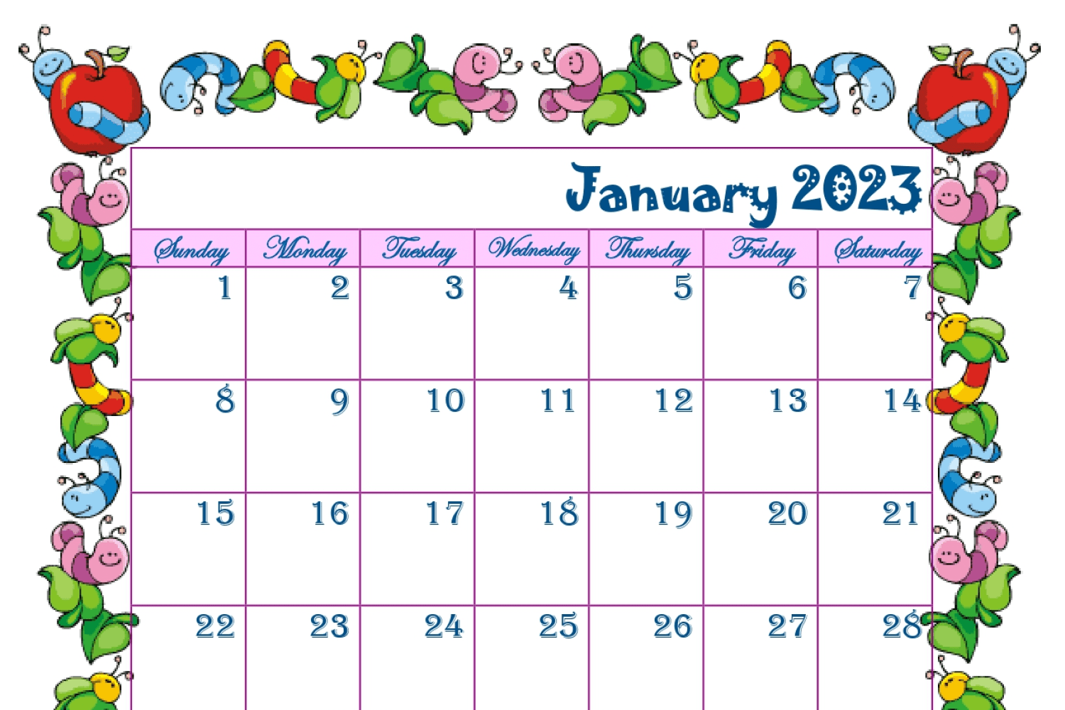 Calendar for january with cute drawn colorful caterpillars.