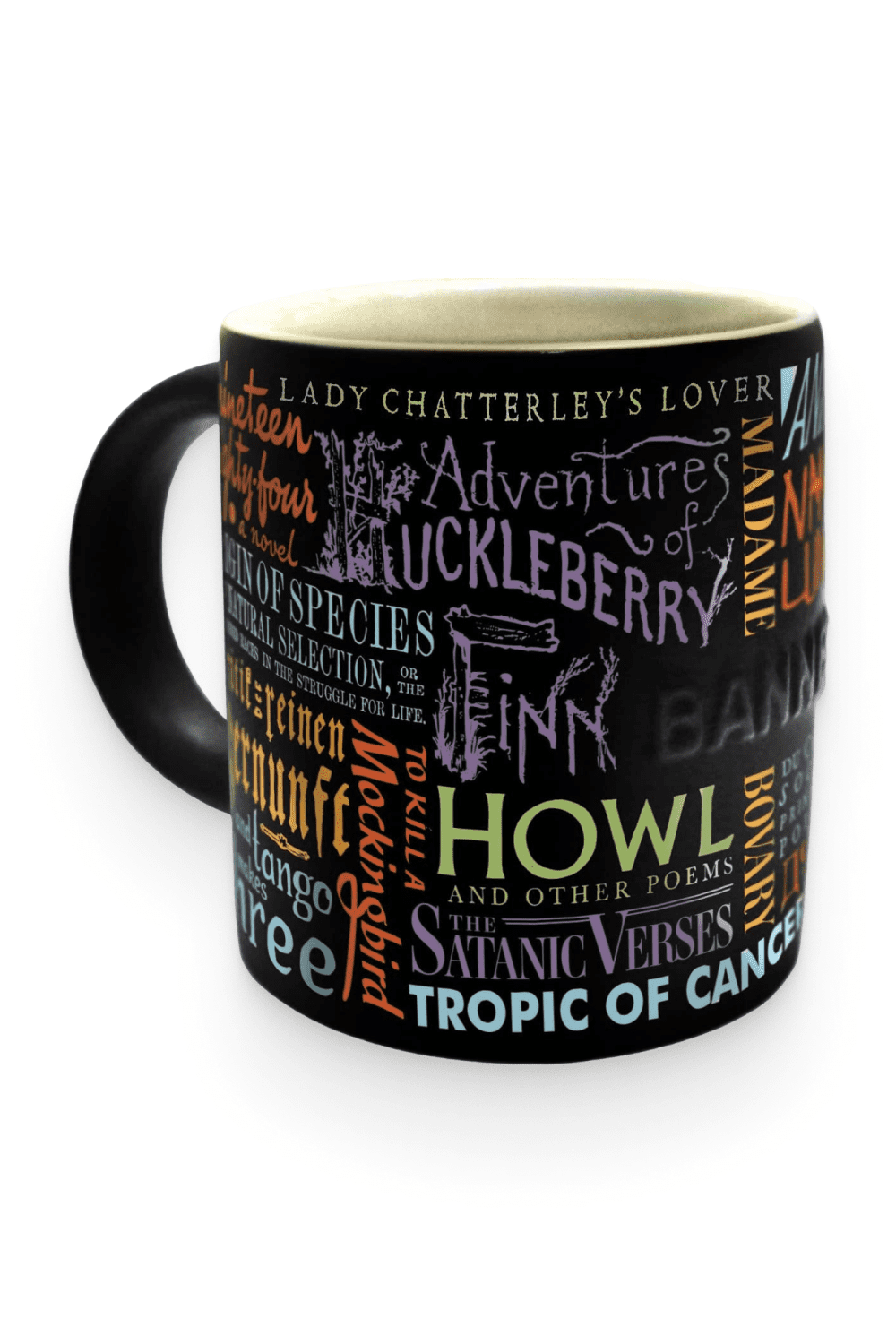 Black mug with names of books.