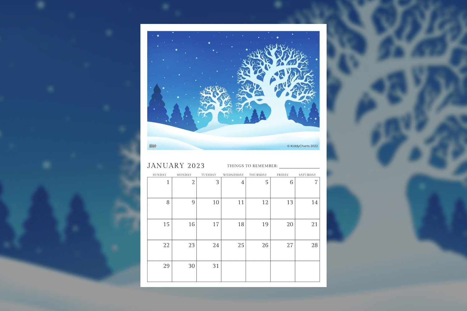 Calendar for january with drawn winter forest.