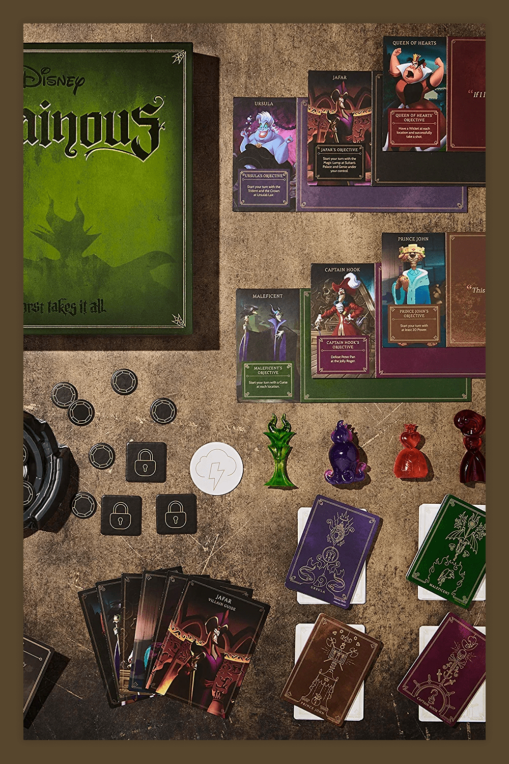 Collage of board game elements Ravensburger Disney Villainous Strategy Board Game.