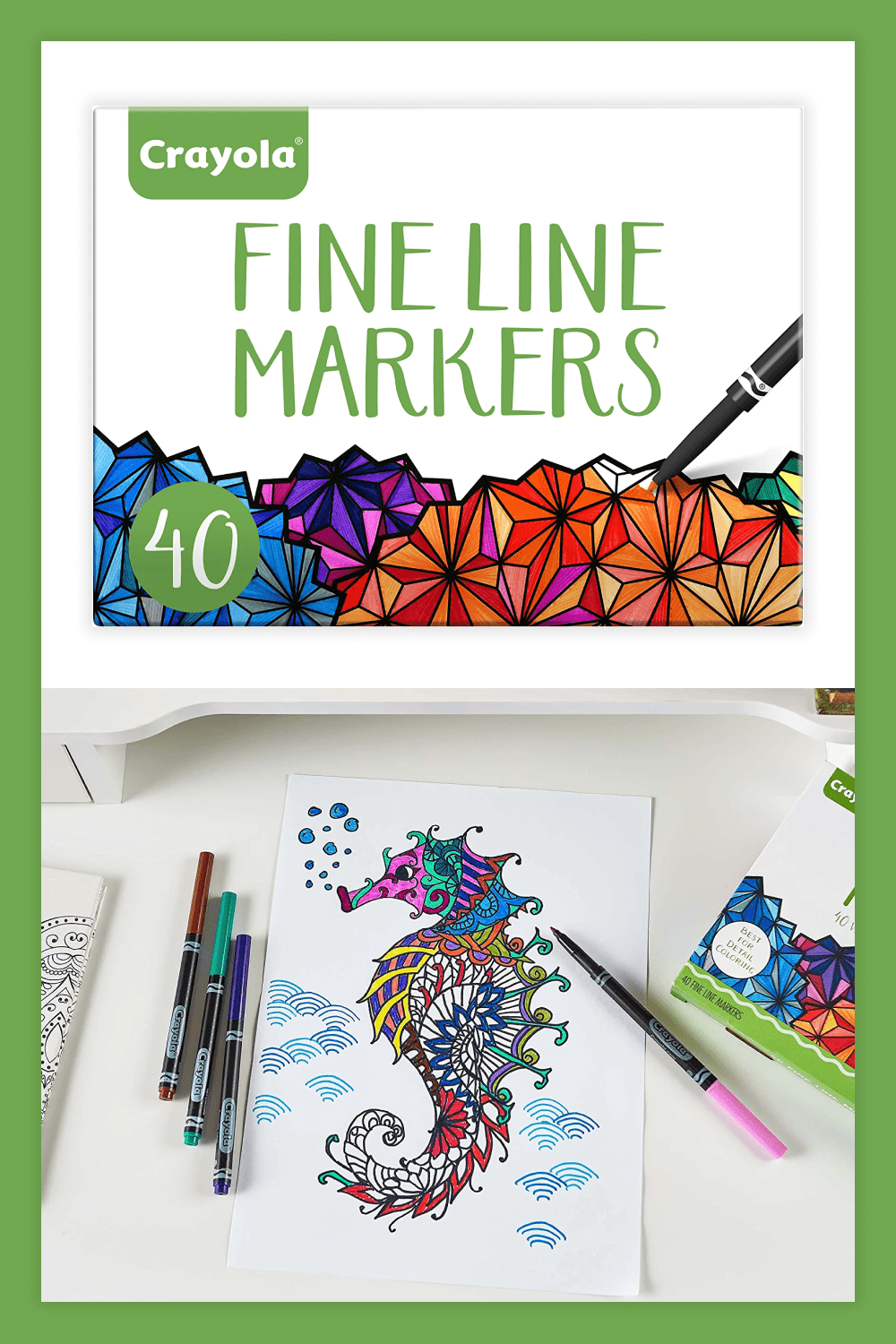 Collage with Crayola Fine Line Markers Adult Coloring sets.