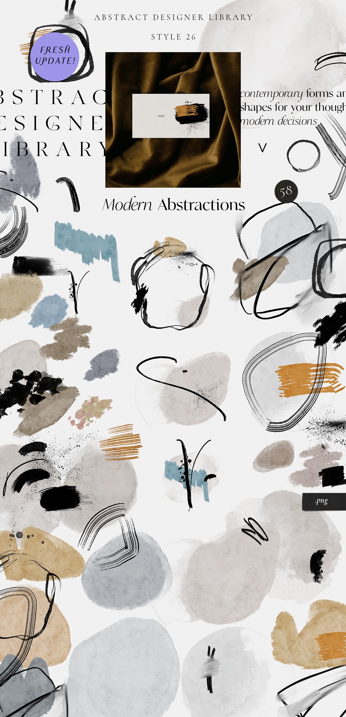 Bundle of different modern abstractions on a gray background.