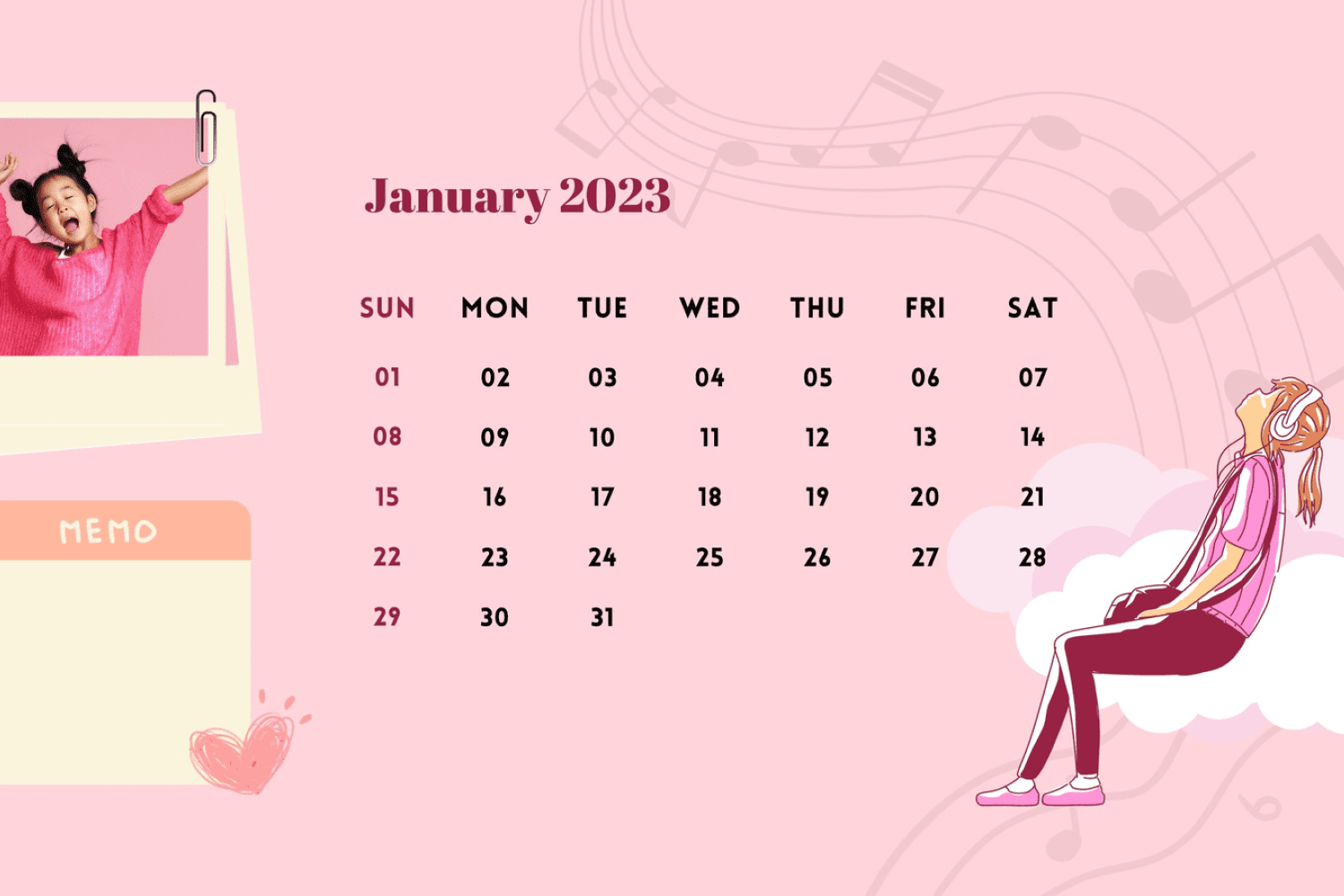 Calendar with pink and purple color palette and drawn girl and clouds.