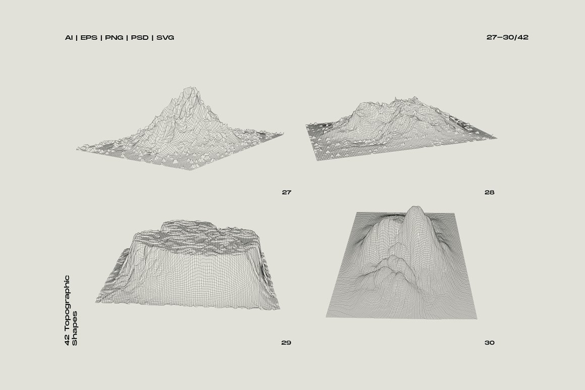 Kit of 4 different 3d abstract topographic shapes on a gray background.