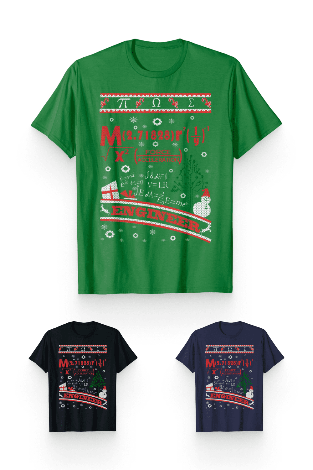 Collage with Engineer Ugly Christmas Sweater T-shirts.