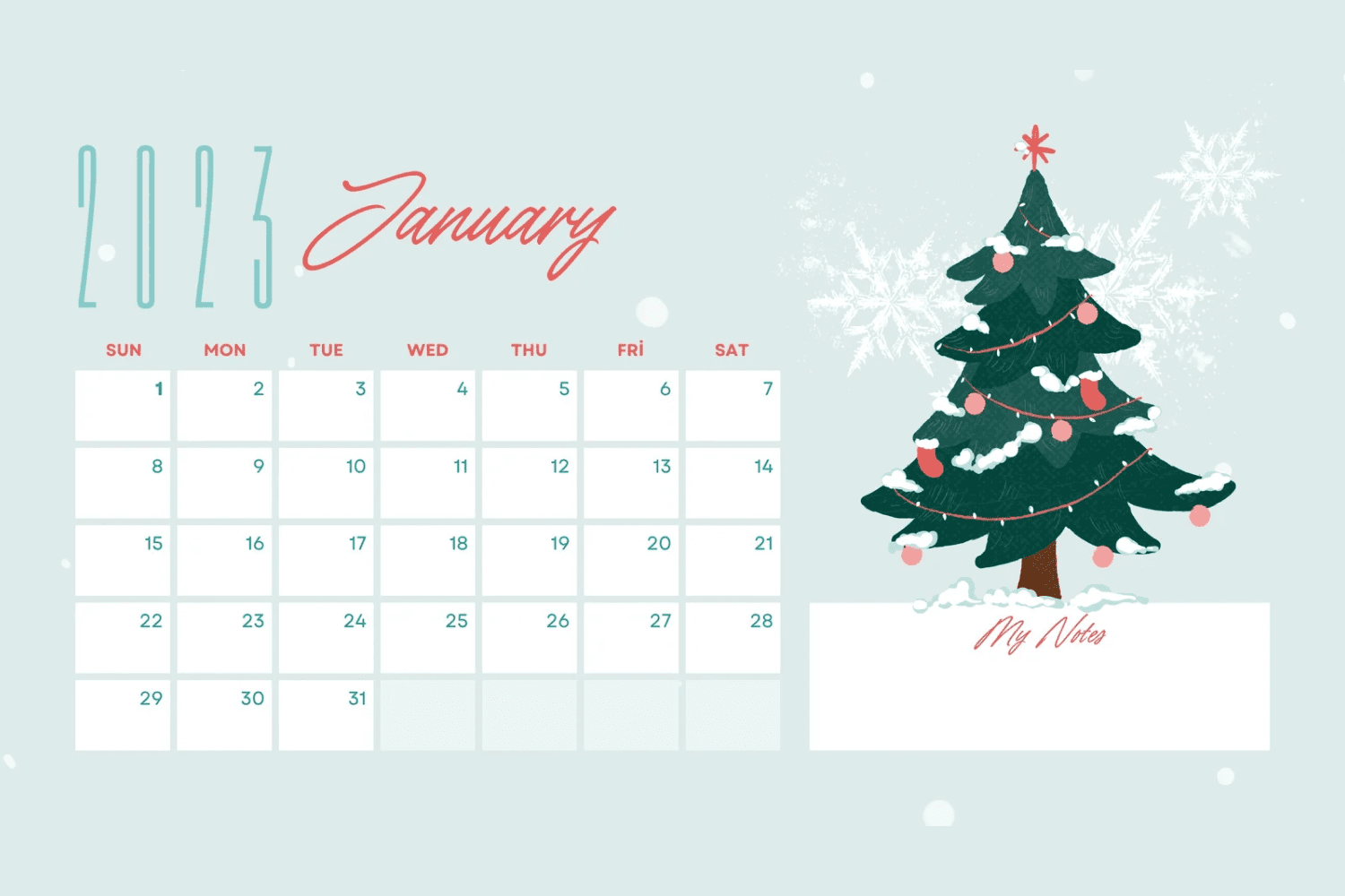 January calendar with painted christmas tree.